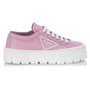 Prada Pink Nylon White Platform Lug Sole Lace Flat Low Top Trainer Sneaker 37.5